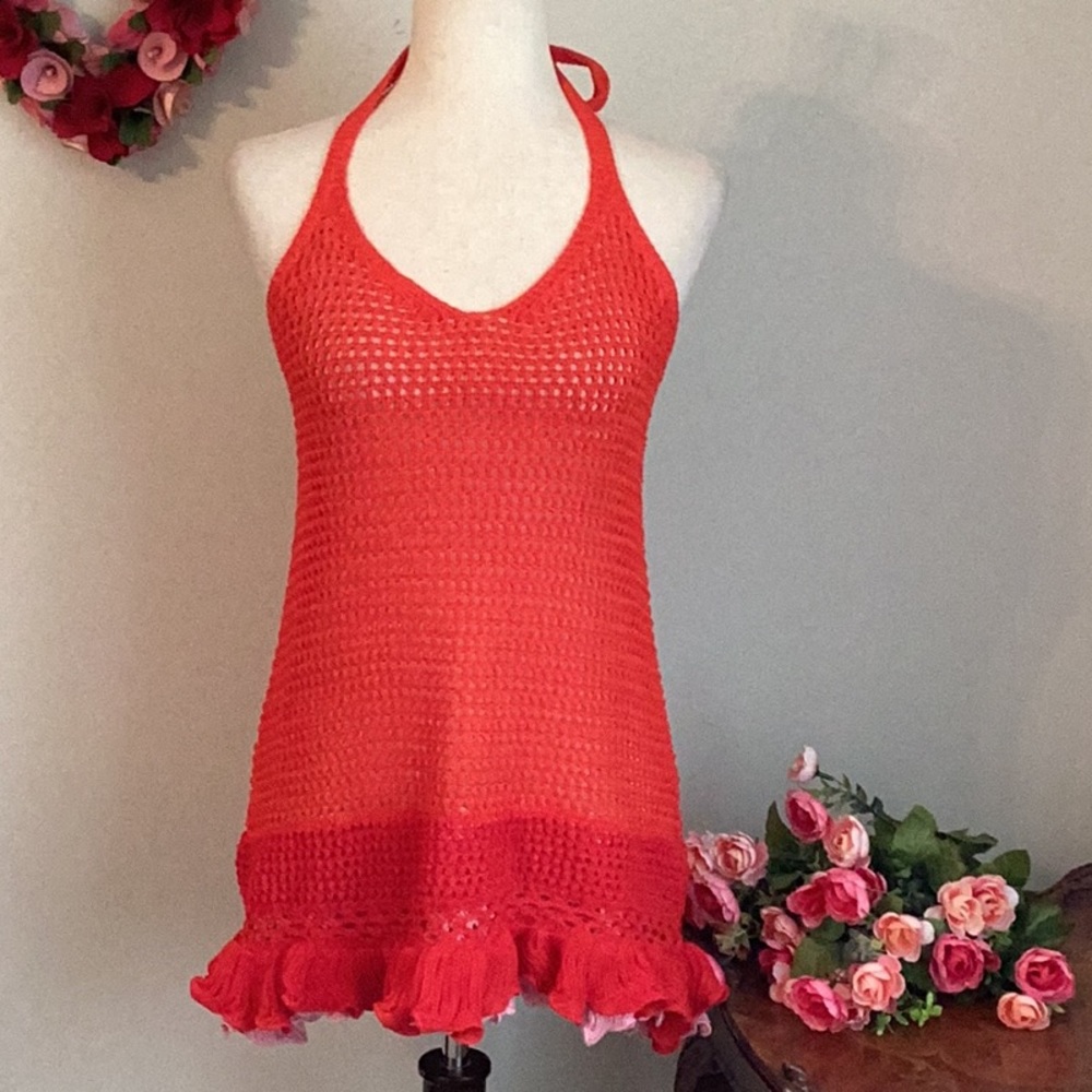 CROCHET Halter Stretchy Top/Dress w/2 Tiered Ruffled red and pink hemli…